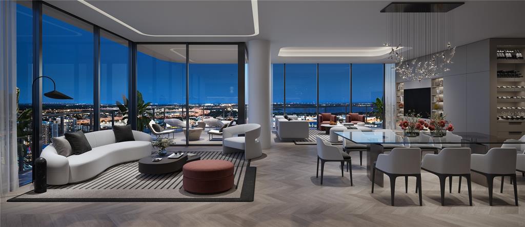 This rendering shows a modern open-concept living and dining area with floor-to-ceiling windows — 1101 E JACKSON STREET UNIT 3602, TAMPA, FL