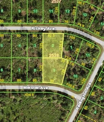 This is a map showing two adjacent vacant lots highlighted in yellow — 12522 MEISTER AVENUE, PORT CHARLOTTE, FL