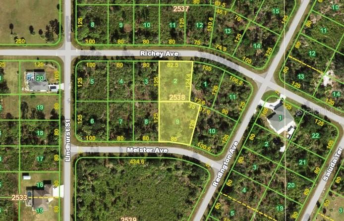 This is a satellite map showing residential land parcels and street layouts — 12522 MEISTER AVENUE, PORT CHARLOTTE, FL