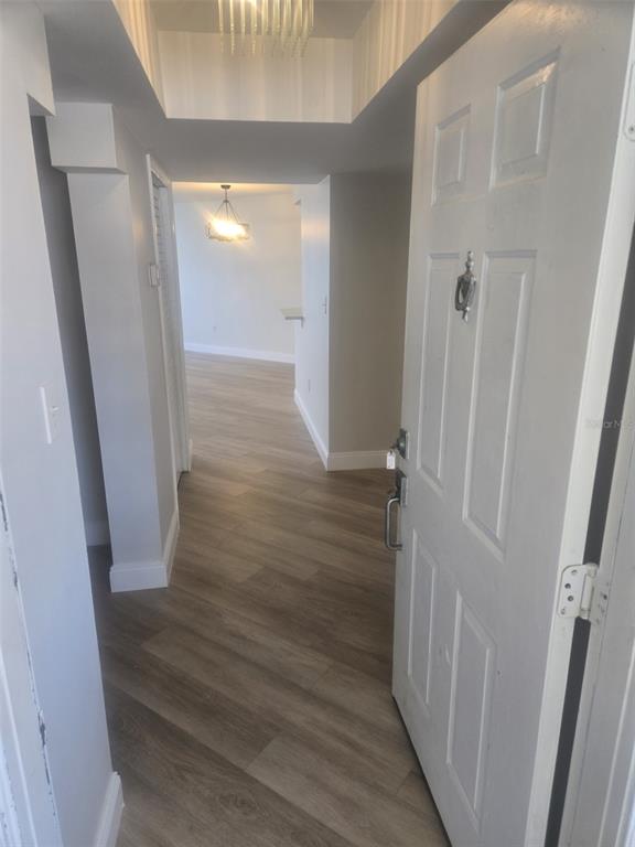 An open white door reveals a hallway with light wood-look flooring leading to a living area — 5153 ISLA KEY BOULEVARD S UNIT 215, ST PETERSBURG, FL