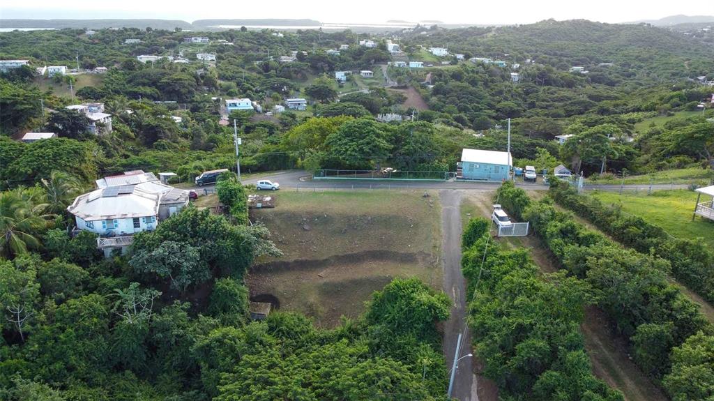 An aerial view shows a vacant, sloped lot surrounded by trees and residential houses — 31 SAMUEL FELIX, VIEQUES, PR