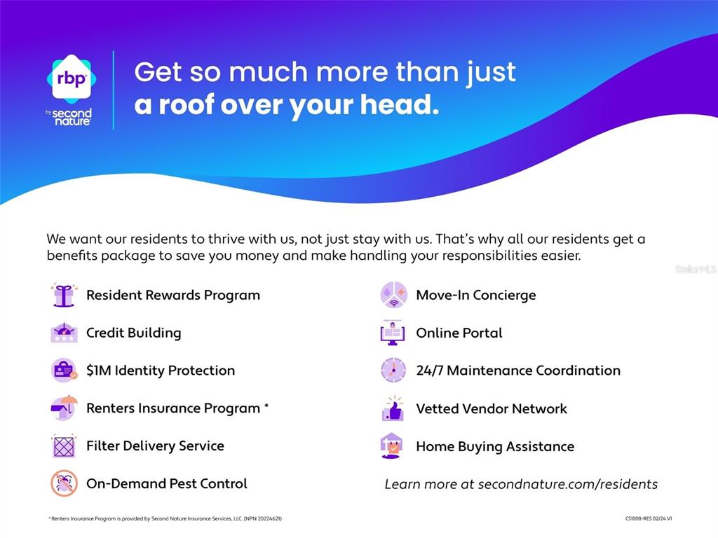 This is an informational flyer detailing a resident benefits package offered by Second Nature — 4050 YUCATAN CIRCLE, PORT CHARLOTTE, FL