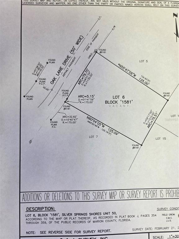 This is a land survey map for Lot 6, Block 1581 in Silver Springs Shores — SW OAK LANE DR LANE, OCALA, FL