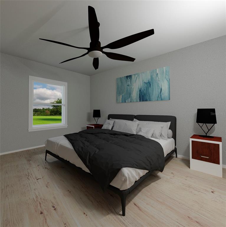 This is a digital rendering of a bedroom featuring a bed, nightstands, and a ceiling fan — SW OAK LANE DR LANE, OCALA, FL