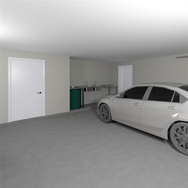 This rendering shows a garage with a concrete floor, a utility sink, and a parked car — SW OAK LANE DR LANE, OCALA, FL