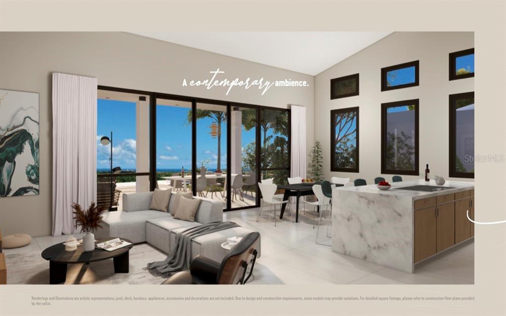 This rendering shows an open-concept living and dining area with a marble kitchen island — 4 THE VIEWS RESERVE UNIT 58, HUMACAO, PR
