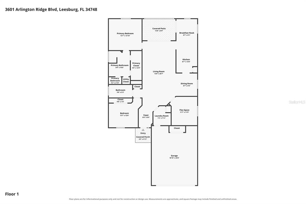 This is a floor plan for a single-story residential home with a garage and porch — 3601 ARLINGTON RIDGE BOULEVARD, LEESBURG, FL