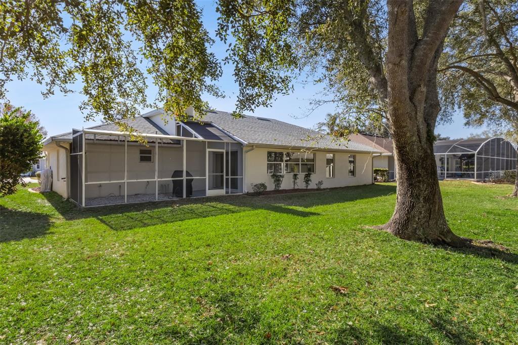 A backyard view of a single-story house with a screened-in patio and a large tree — 5811 PRINCESS CAROLINE PLACE, LEESBURG, FL