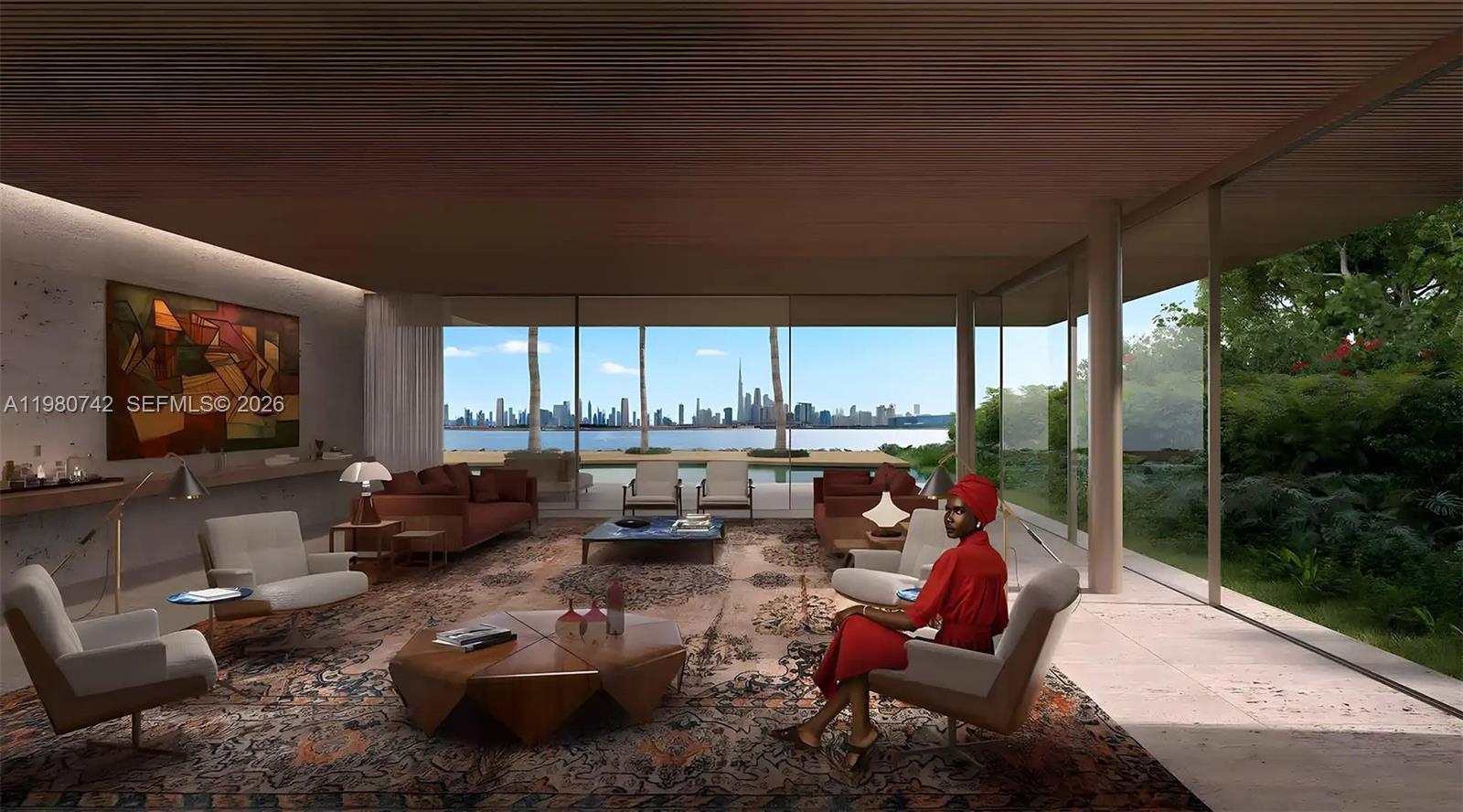 This rendering shows a modern living room with floor-to-ceiling windows overlooking a city skyline — D94 Jumeirah Street, Dubai, FL
