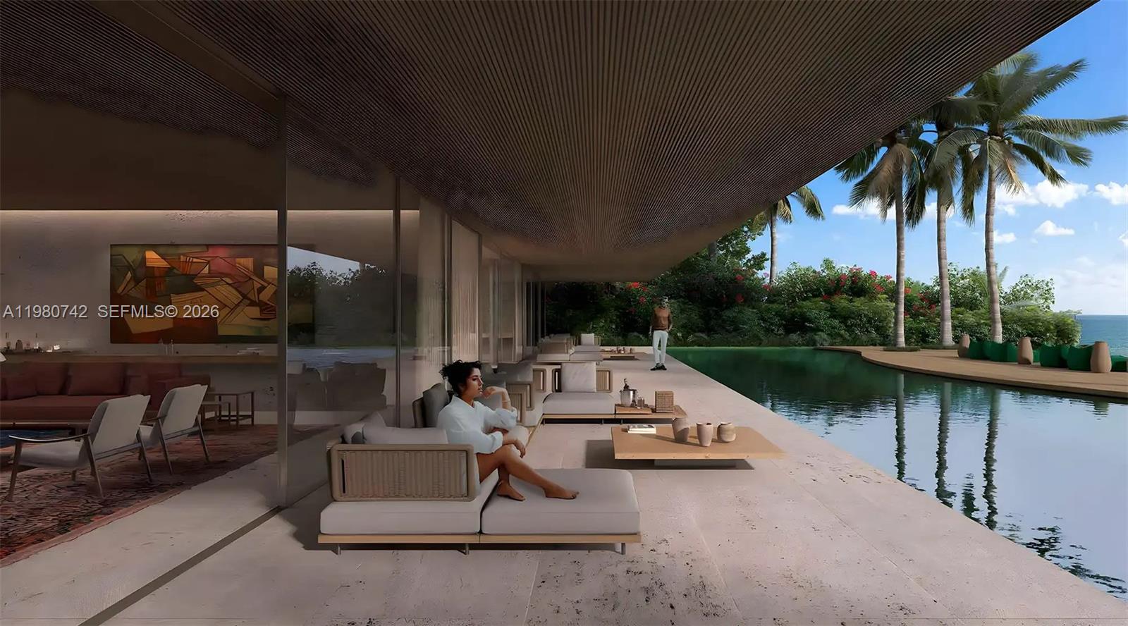 This architectural rendering shows a modern outdoor patio with lounge seating overlooking a swimming pool — D94 Jumeirah Street, Dubai, FL