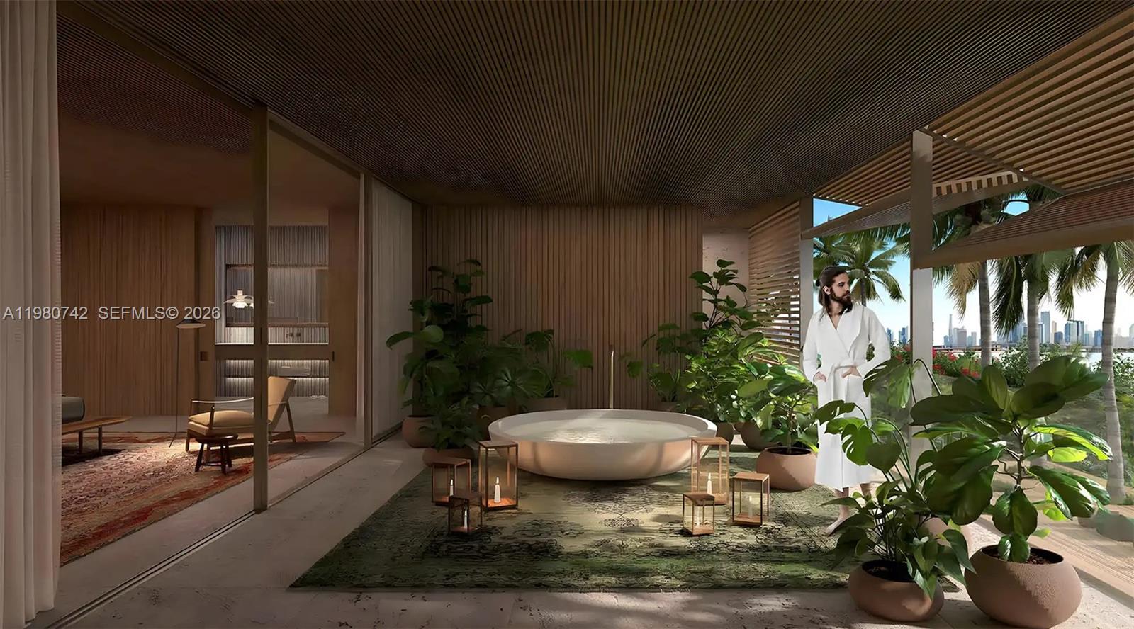 This rendering shows a luxury indoor-outdoor bathroom with a circular tub and lush potted plants — D94 Jumeirah Street, Dubai, FL