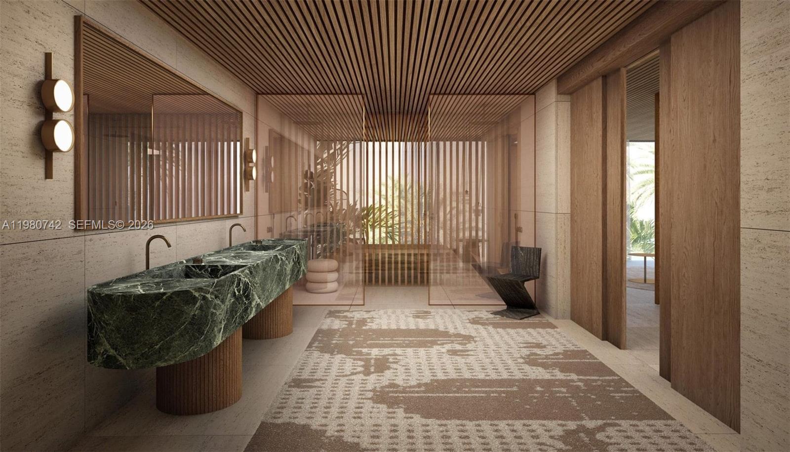 This rendering shows a modern bathroom with a green marble vanity and slatted wood ceiling — D94 Jumeirah Street, Dubai, FL