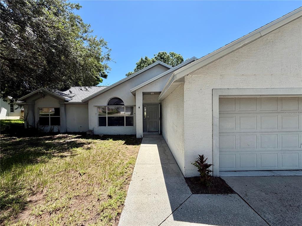 A single-story house with a white stucco exterior, a front-facing garage, and a concrete walkway — 10258 JOANIES RUN, LEESBURG, FL