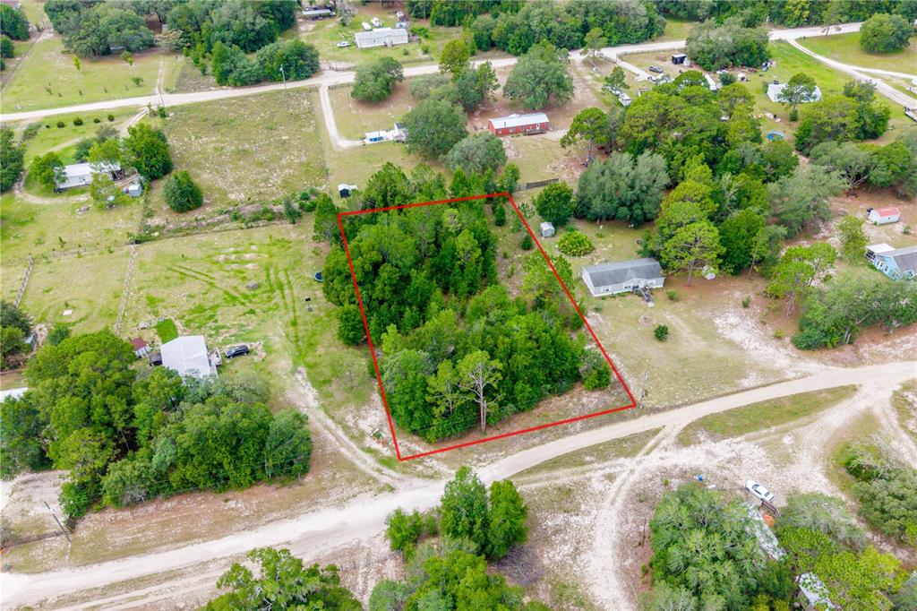 An aerial view shows a rectangular, wooded plot of land outlined in red — TBD NE 115 STREET, BRONSON, FL