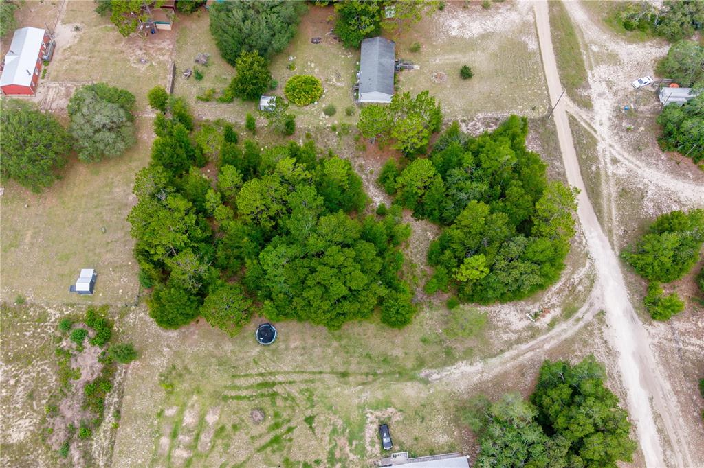 An aerial view shows a wooded lot with a small house and a dirt road — TBD NE 115 STREET, BRONSON, FL
