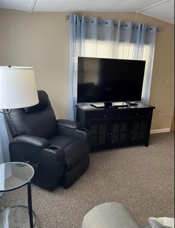 A living room features a black recliner, a television on a console, and blue curtains — 38961 STAPLEY CIRCLE, ZEPHYRHILLS, FL