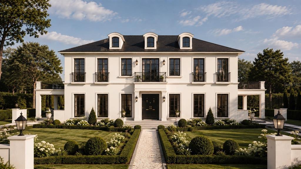 A symmetrical two-story white house with black window frames and a gravel walkway — 857 BROCK STREET, WINTER PARK, FL