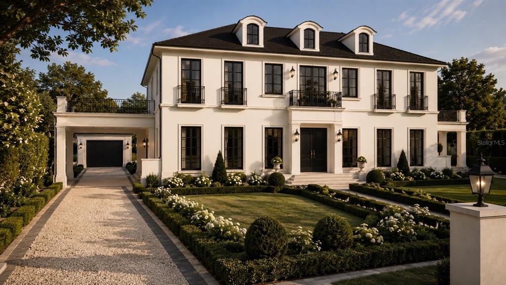A two-story white house with black window frames, a gravel driveway, and manicured landscaping — 857 BROCK STREET, WINTER PARK, FL