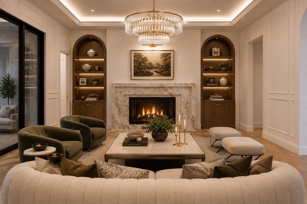 This rendering shows a living room with a marble fireplace, arched bookshelves, and a chandelier — 857 BROCK STREET, WINTER PARK, FL