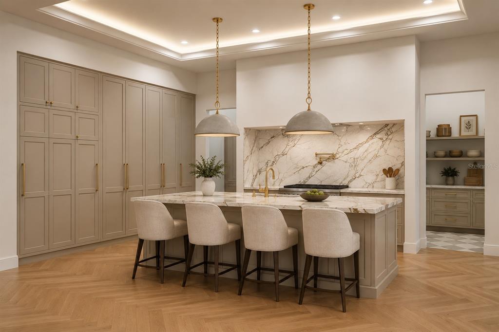 This rendering shows a kitchen with a marble island, beige cabinetry, and herringbone wood floors — 857 BROCK STREET, WINTER PARK, FL