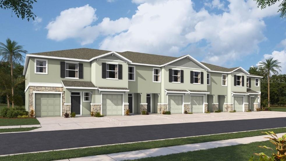 This is a digital rendering of a multi-unit townhouse building with light green siding — 12607 CITRUS PARK LANE, TAMPA, FL