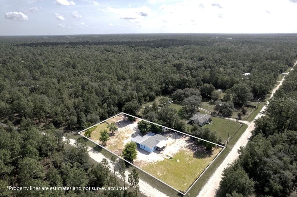 An aerial view shows a light blue house on a lot surrounded by dense forest — 7491 NE 101ST COURT, BRONSON, FL