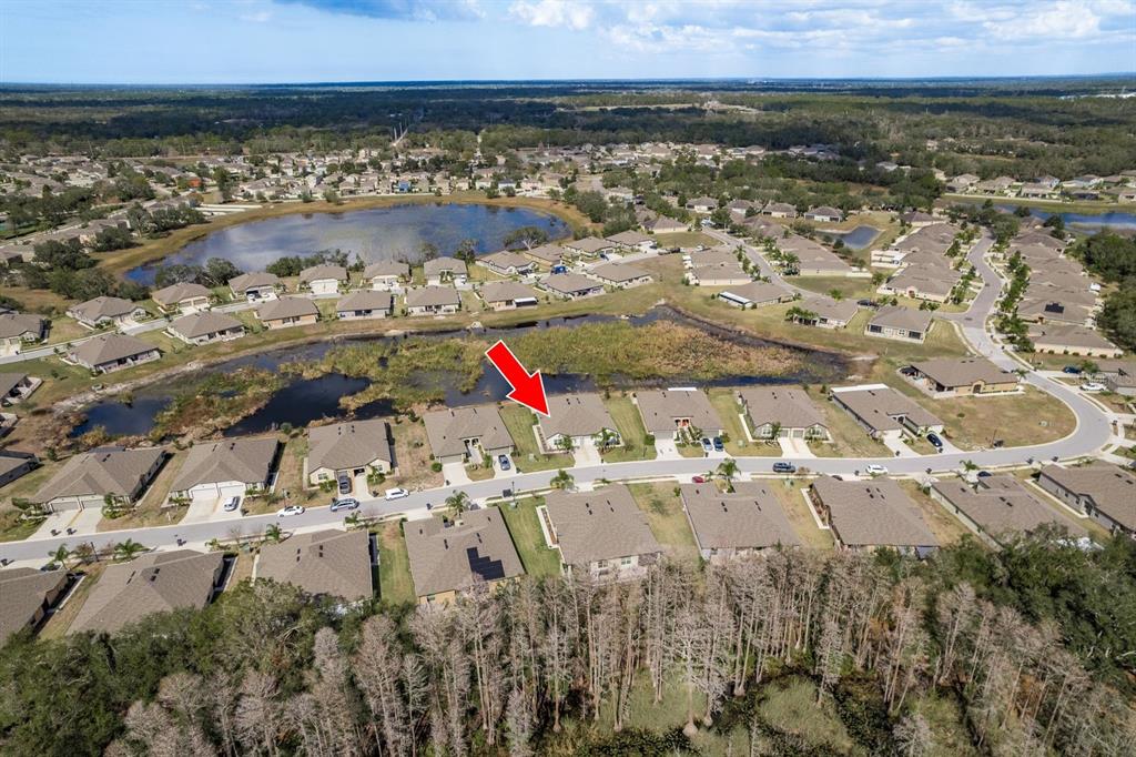 An aerial view shows a suburban neighborhood with houses, a lake, and surrounding wooded areas — 13387 CREST LAKE DRIVE, HUDSON, FL