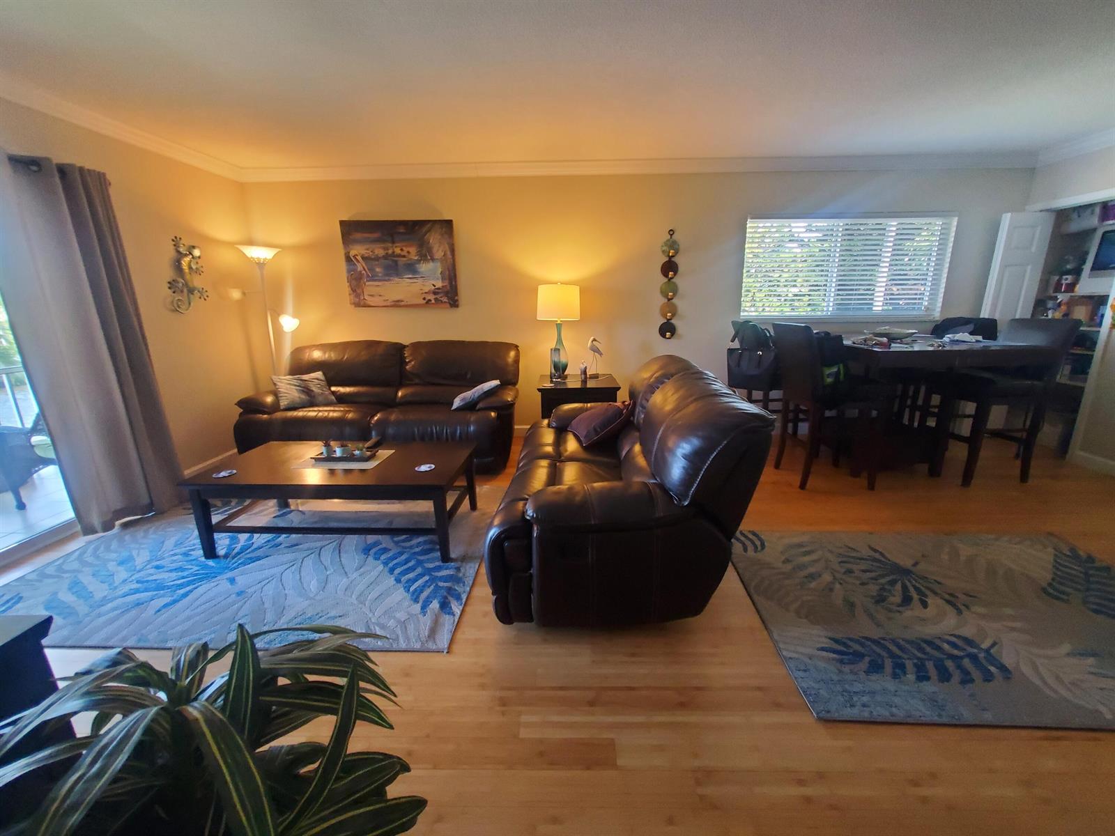 A living room with two brown leather sofas, a coffee table, and two area rugs — 912 Pine Drive # 211, Pompano Beach FL 33060, POMPANO BEACH, FL