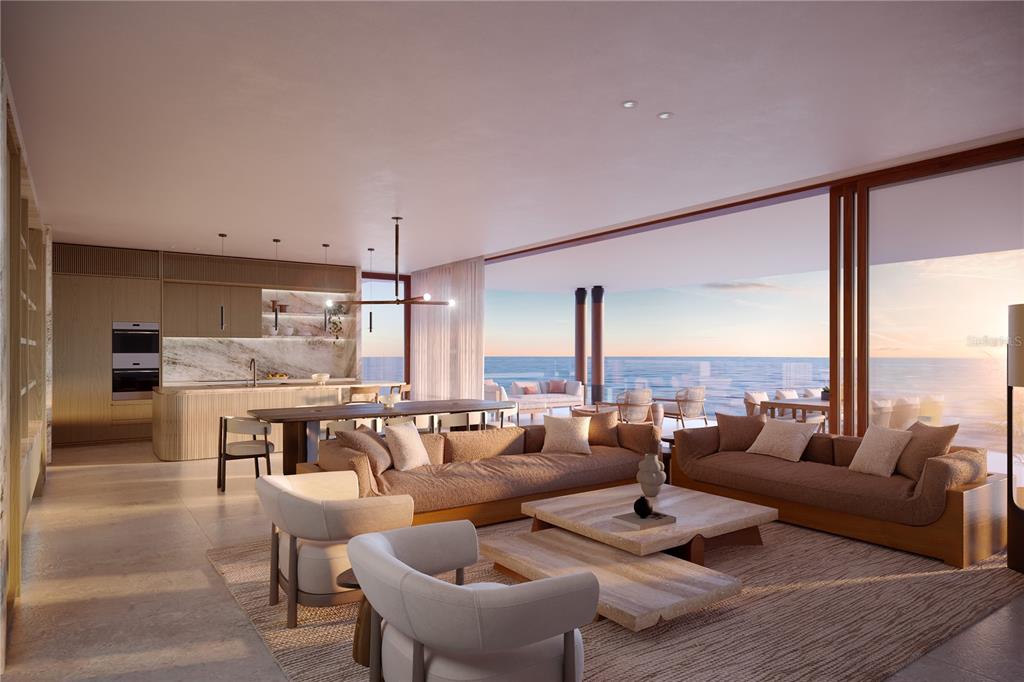 This rendering shows an open-concept living area with a kitchen, dining space, and ocean views — 500 MAREA RESIDENCES, COCO BEACH BLVD UNIT 2301, RIO GRANDE, PR