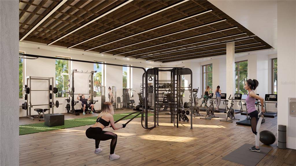 This rendering shows a modern gym with wood flooring, exposed ceiling beams, and various exercise equipment — 500 MAREA RESIDENCES, COCO BEACH BLVD UNIT 2301, RIO GRANDE, PR