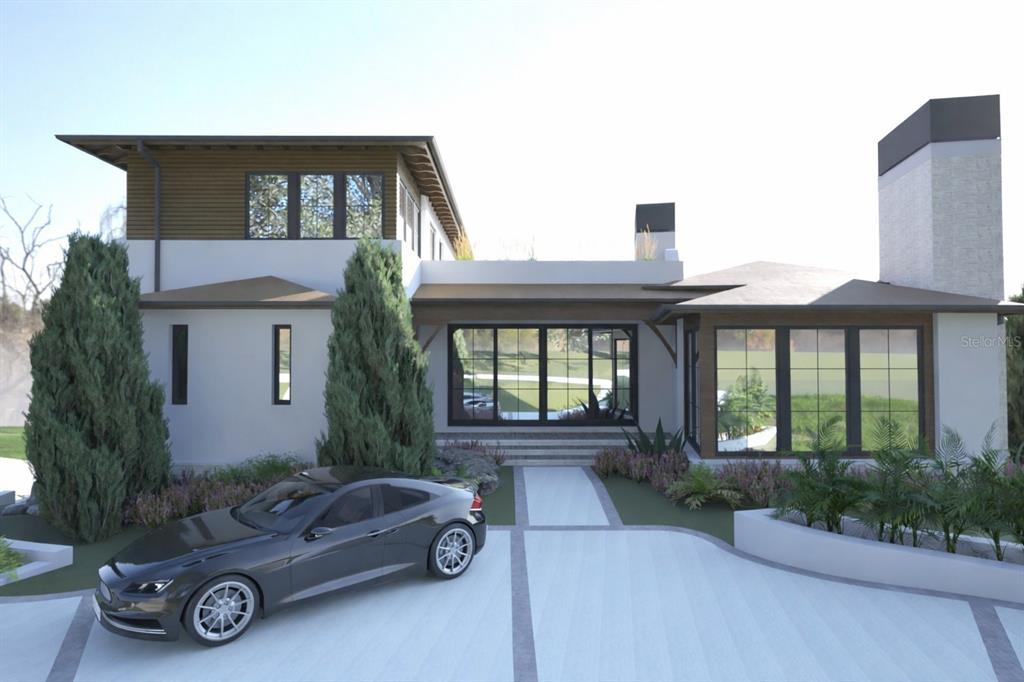 A digital rendering of a modern house exterior with a driveway and a parked car — 157 TRANQUIL MIRROR LAKE COURT Lot 10, CLERMONT, FL