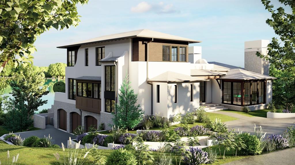 A digital rendering of a modern multi-story house with white stucco and wood-paneled exterior walls — 157 TRANQUIL MIRROR LAKE COURT Lot 10, CLERMONT, FL