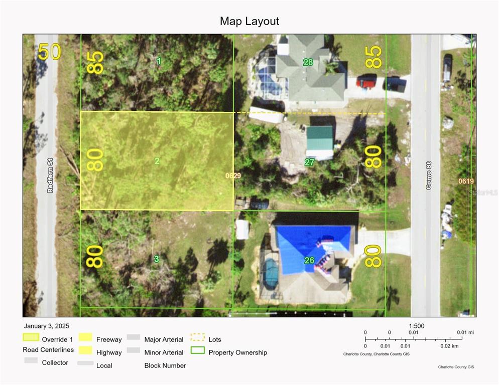 This is a map layout showing property lots and road centerlines in Charlotte County — 2312 REDFERN STREET, PORT CHARLOTTE, FL