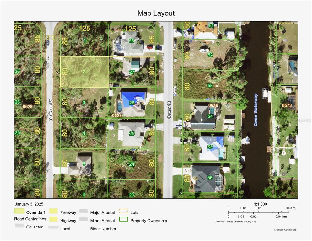 This is a map layout showing residential lots, streets, and a waterway in Charlotte County — 2312 REDFERN STREET, PORT CHARLOTTE, FL