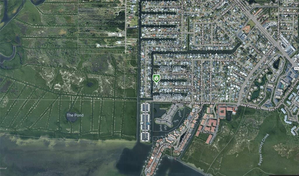 This is an aerial map view of a residential neighborhood and surrounding wetlands — 8725 PALISADES DRIVE, TAMPA, FL