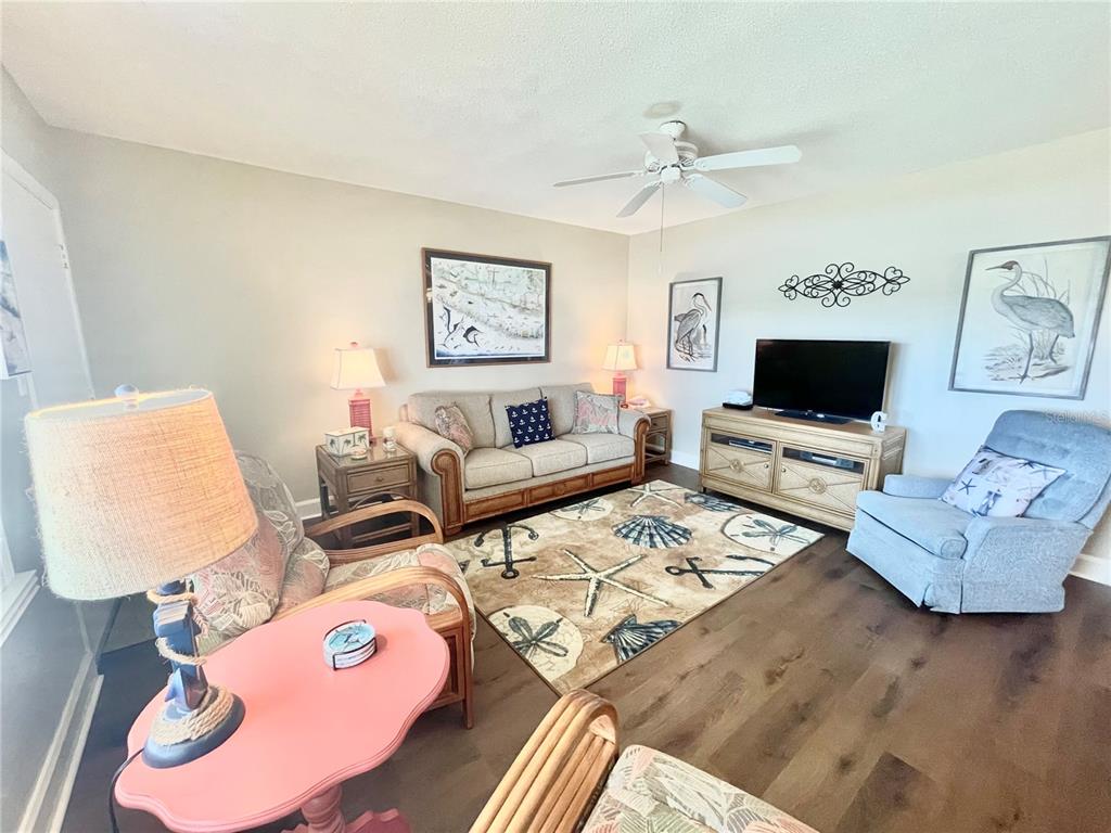 A living room features a coastal-themed rug, a sofa, an armchair, and a television console — 1600 W LAKE PARKER DRIVE UNIT A25, LAKELAND, FL