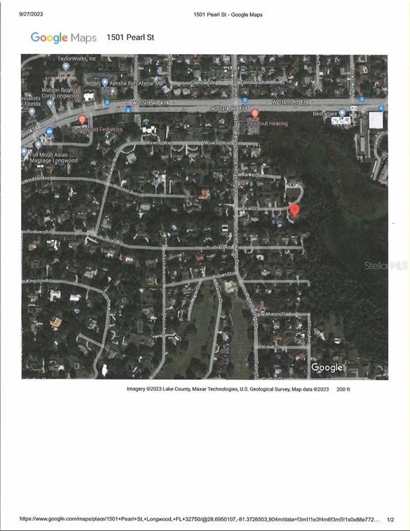This is a satellite map view showing a residential area with a red location marker — 1501 PEARL STREET, LONGWOOD, FL