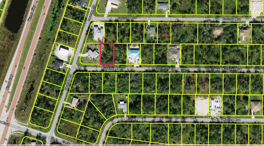 This is an aerial map showing a vacant lot highlighted in pink on a residential street — 23350 BUCKNER AVENUE, PUNTA GORDA, FL