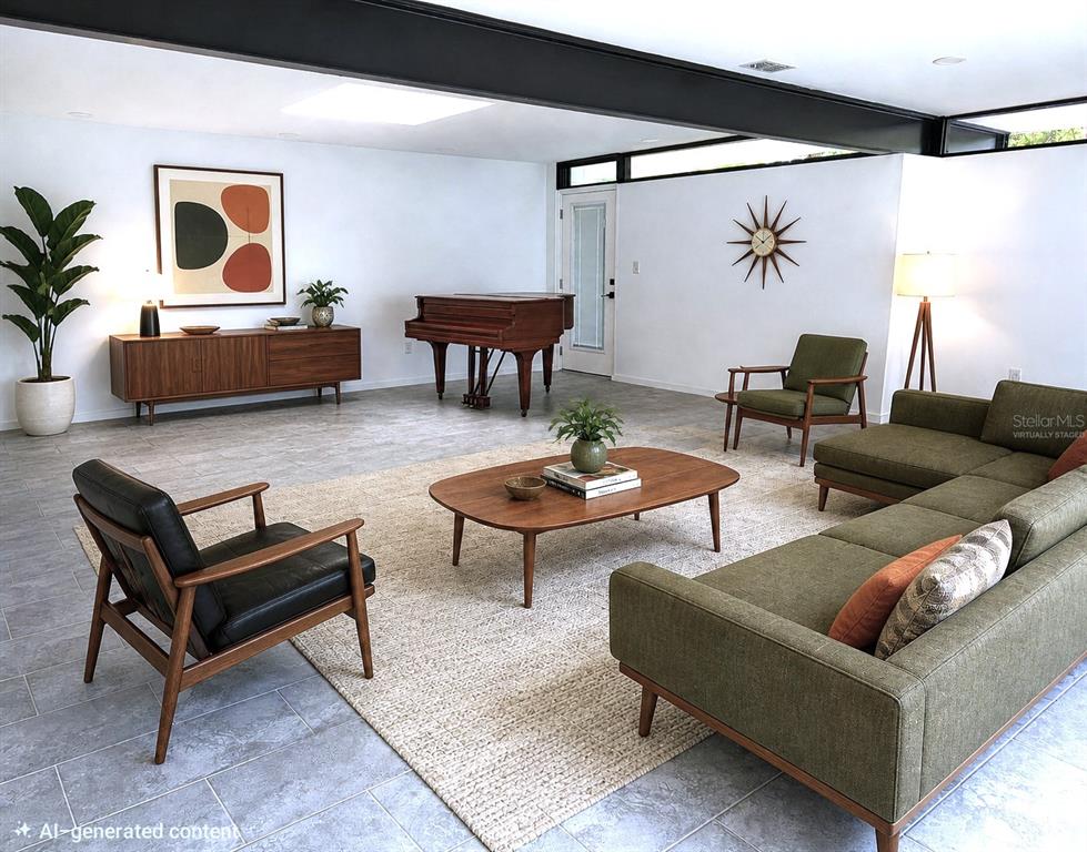 This AI-generated rendering shows a mid-century modern living room with a grand piano and tile flooring — 1390 S SWEARINGEN, BARTOW, FL