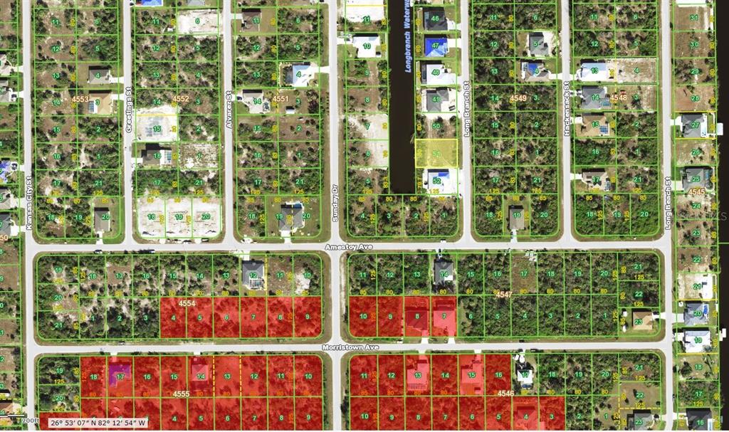 This is a map showing residential lots and streets in a suburban neighborhood — 10139 LONG BRANCH STREET, PORT CHARLOTTE, FL