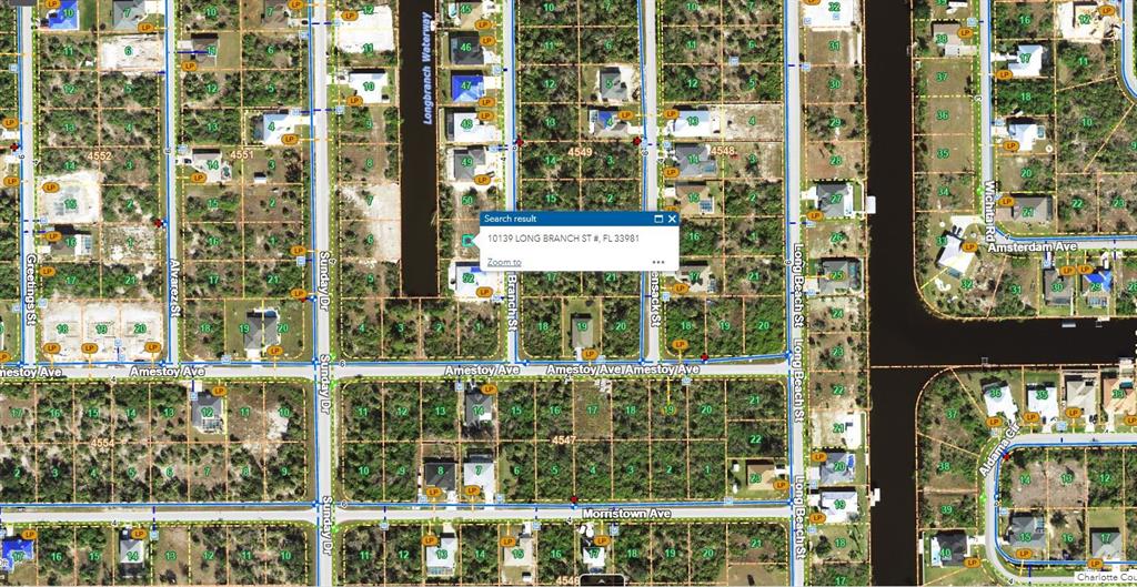 This is a satellite map showing residential lots, streets, and a waterway in a neighborhood — 10139 LONG BRANCH STREET, PORT CHARLOTTE, FL