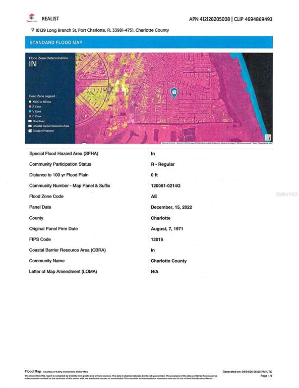 This is a standard flood map document for a property in Charlotte County, Florida — 10139 LONG BRANCH STREET, PORT CHARLOTTE, FL