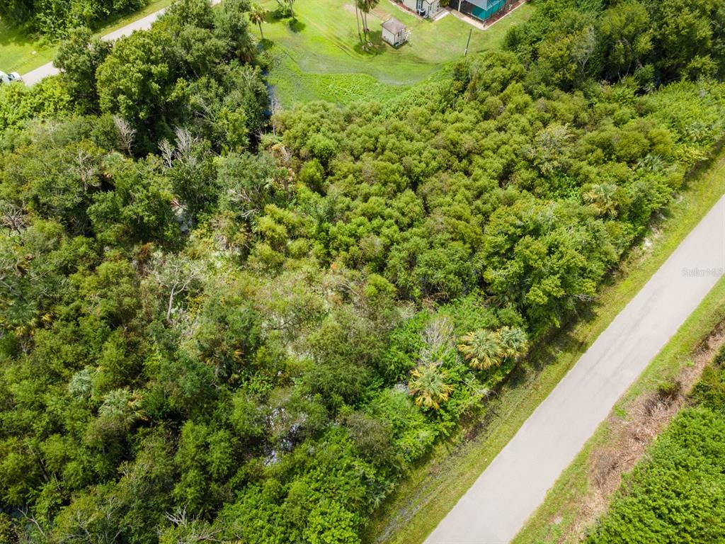 An aerial view shows a densely wooded, undeveloped lot adjacent to a paved road — 22447 MOROCCO AVENUE, PORT CHARLOTTE, FL