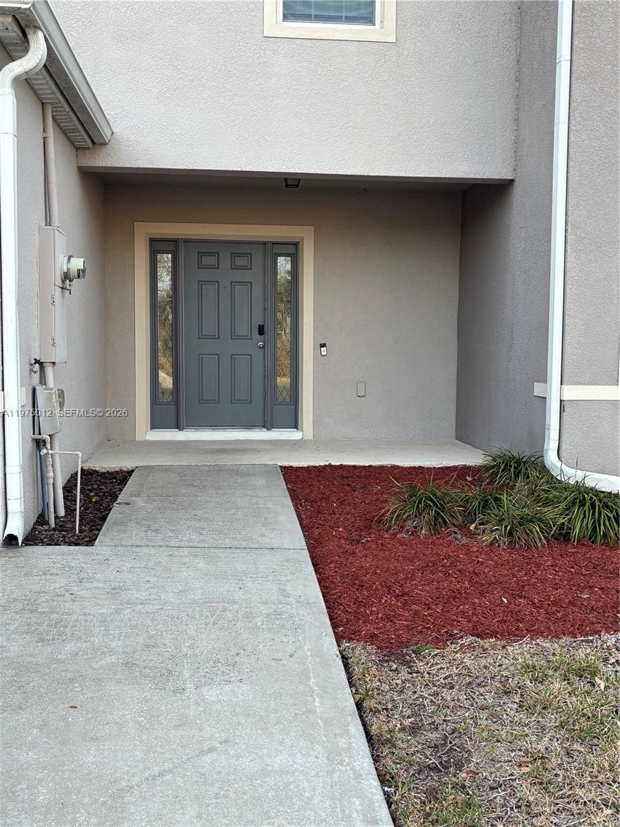 A concrete walkway leads to the gray front door of a stucco home — 1612 Primo Ct, Daytona FL 32117, DAYTONA, FL