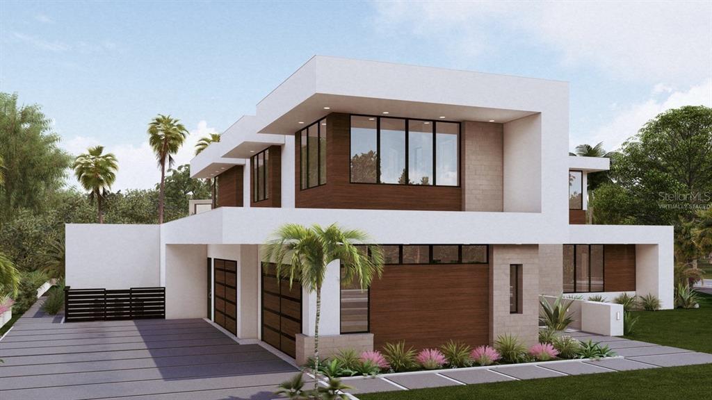 A digital rendering of a modern two-story house with white stucco, wood accents, and landscaping — 9700 BLANDFORD ROAD, ORLANDO, FL