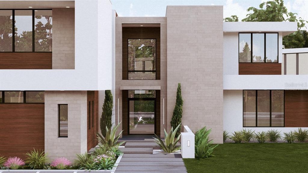 This is a rendering of a modern two-story house with stone, wood, and white finishes — 9700 BLANDFORD ROAD, ORLANDO, FL