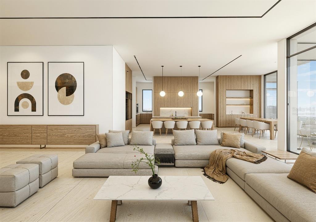 This is a rendering of a modern open-concept living room and kitchen with wood accents — 9700 BLANDFORD ROAD, ORLANDO, FL