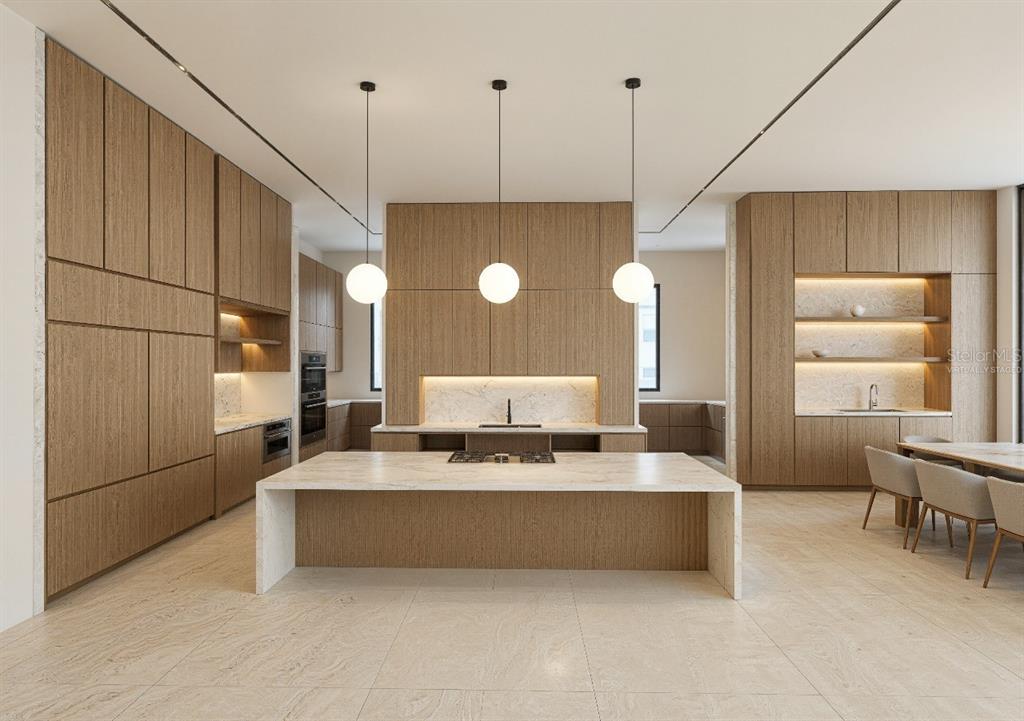 This is a rendering of a modern kitchen featuring wood cabinetry and a marble island — 9700 BLANDFORD ROAD, ORLANDO, FL