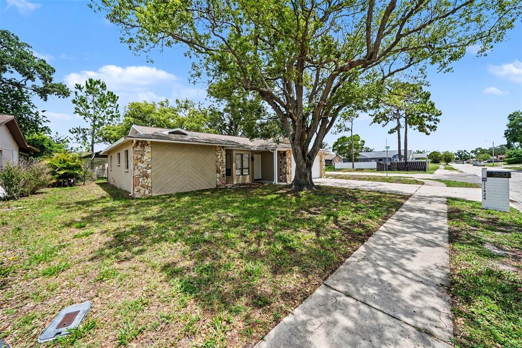 A single-story house with stone accents and a large tree in the front yard — 11424 SCALLOP DRIVE, PORT RICHEY, FL