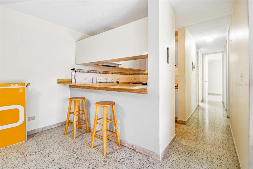 A kitchen pass-through with a wooden breakfast bar and two stools overlooks a hallway — 2 COND LAGUNA GARDENS II UNIT 9A, CAROLINA, PR